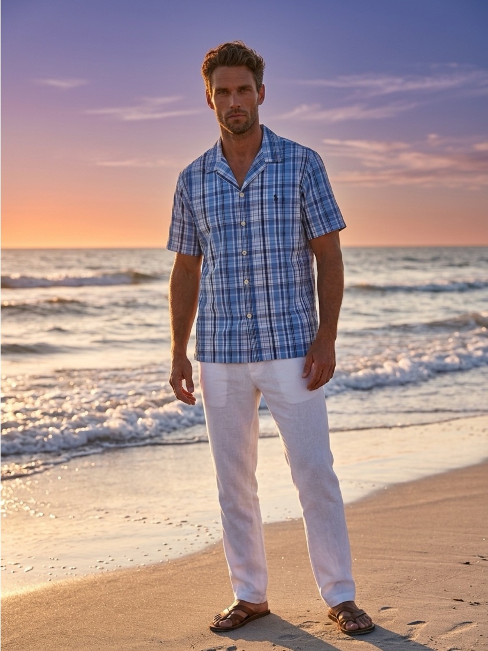 Polo by Ralph Lauren Blue and White Plaid Short-Sleeve Camp Shirt